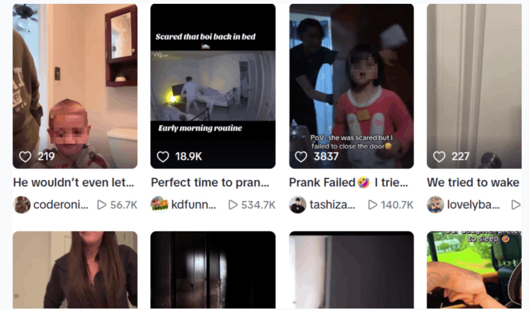 社群媒體惡作劇影片截圖：顯示多則父母對孩子惡作劇的熱門影片，反映網路上以驚嚇兒童為娛樂的現象及其潛在影響。