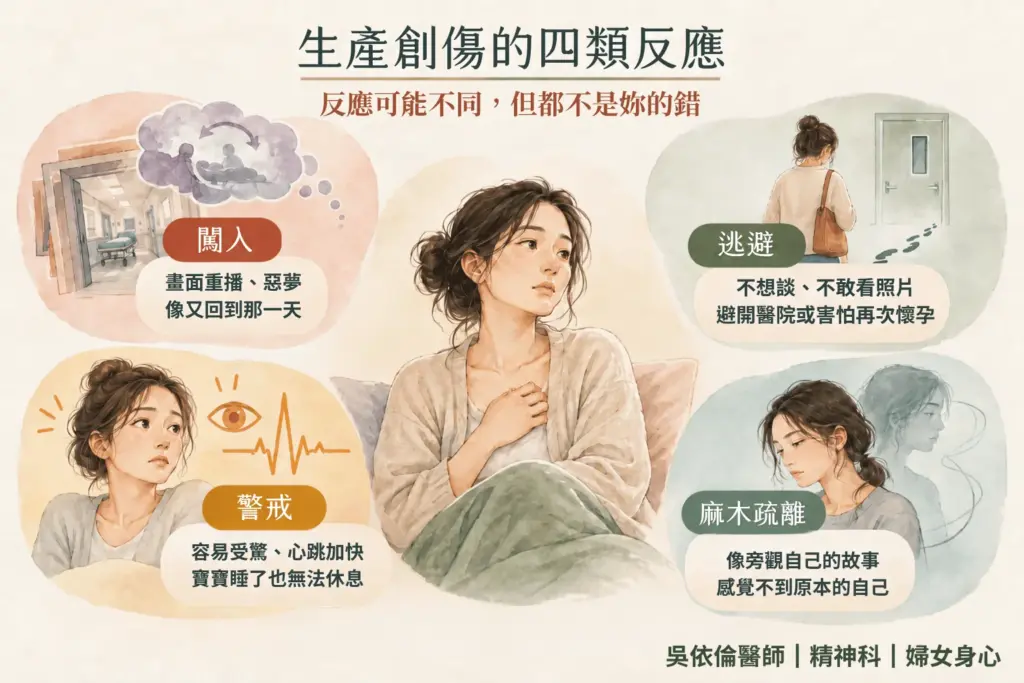 生產創傷與產後創傷症候群的四大症狀圖解，包含反覆想起生產畫面、避開相關人事物、容易受驚心跳快、感到麻木與寶寶疏離｜吳依倫醫師