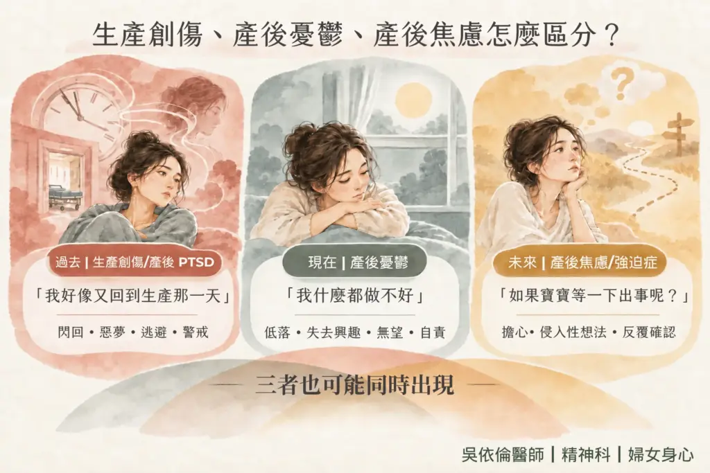 產後創傷症候群、產後憂鬱症與產後焦慮強迫症比較表，依時間方向、核心感受與典型想法區分｜吳依倫醫師