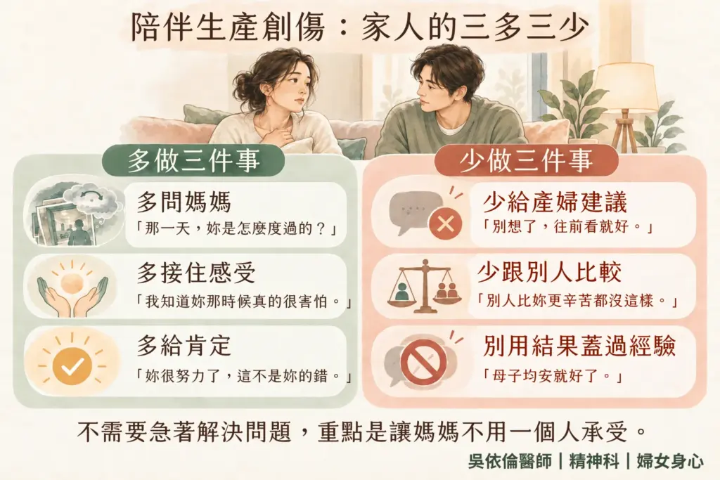 家人如何陪伴有生產創傷的媽媽：多問媽媽、多抱媽媽、多肯定，少建議、少比較、少說母子均安就好｜吳依倫醫師
